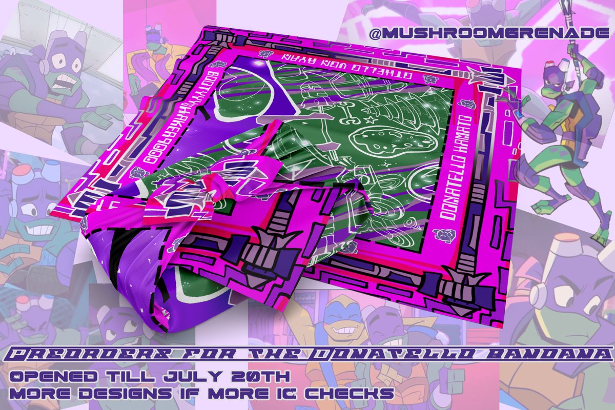 mushroomgrenade's tweet image. 💜 Behold, the Donatello bandana is opened for preorders! 💜
ko-fi.com/s/547f3bc864
I got 32 IC checks, so instead of making 4 designs, I just made one to be safe.
Shares are appreciated and encouraged, preorder closes on July 20th.
#rottmnt #tmnt #merch