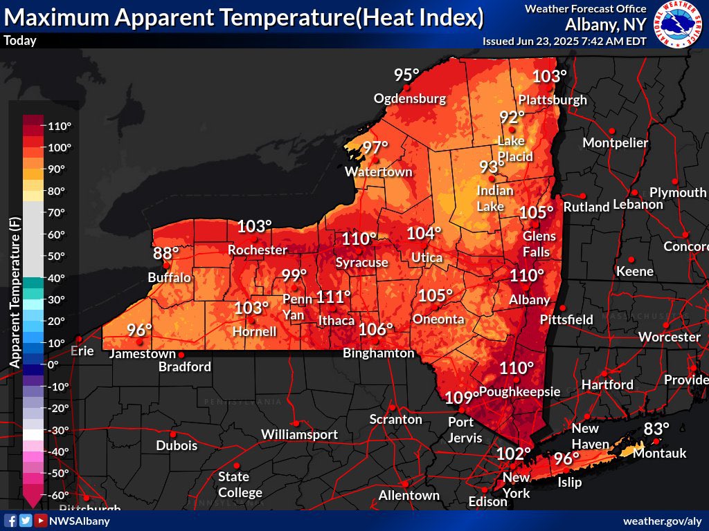 New York is continuing to see dangerous heat conditions across the state today, with even more hot weather coming tomorrow.

Stay indoors if possible, keep hydrated, &amp; check on your neighbors — especially those with health conditions.

Sign up for alerts: alert.ny.gov