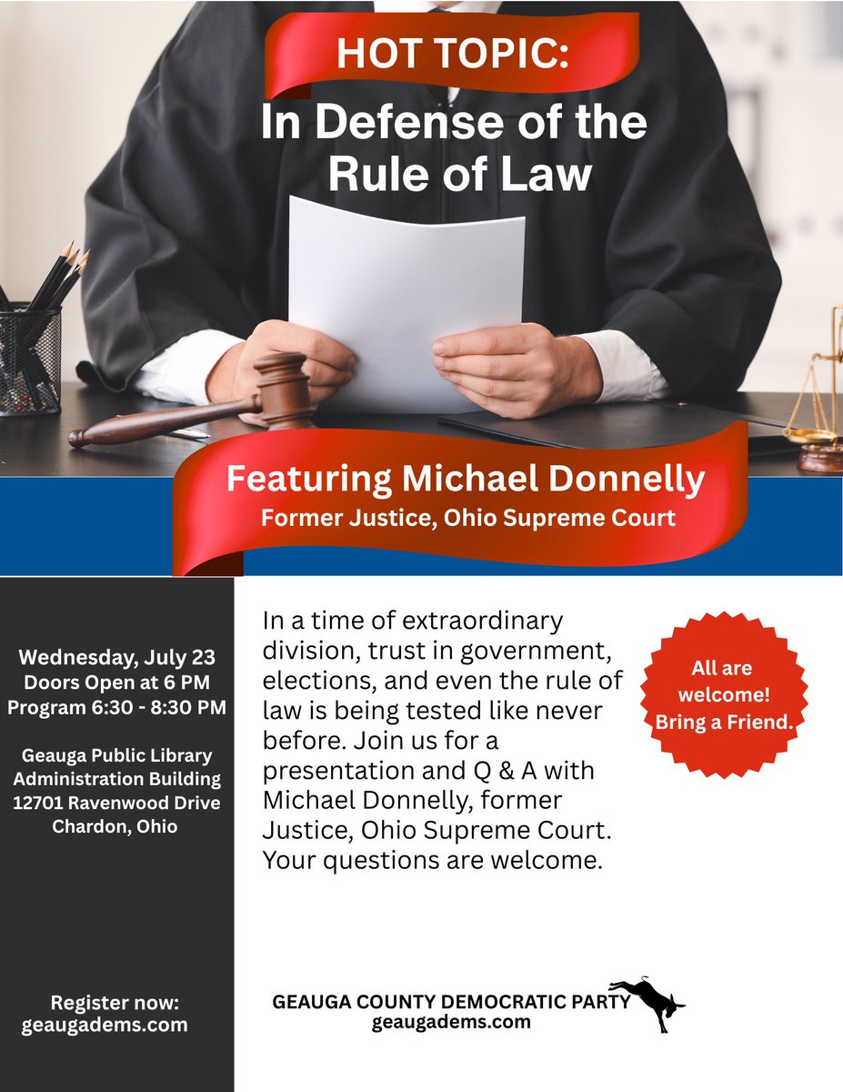 Donnelly4Ohio's tweet image. I will be speaking on July 23rd in Geauga County on the importance of defending the Rule Of Law to protect our democracy! All concerned citizens are welcome! ⚖️