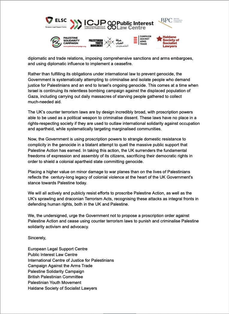 ICJP (🦋: icjpalestine.com) (@icjpalestine) on Twitter photo ICJP and six other civil society organisations wrote to <a href="/YvetteCooperMP/">Yvette Cooper</a> urging her not to proscribe @Pal_Action, only hours before she did.
This is a shocking and dangerous attempt to crack down on the right of people in Britain to protest Israel’s ongoing genocide in Gaza. ICJP and six other civil society organisations wrote to <a href="/YvetteCooperMP/">Yvette Cooper</a> urging her not to proscribe @Pal_Action, only hours before she did.
This is a shocking and dangerous attempt to crack down on the right of people in Britain to protest Israel’s ongoing genocide in Gaza.