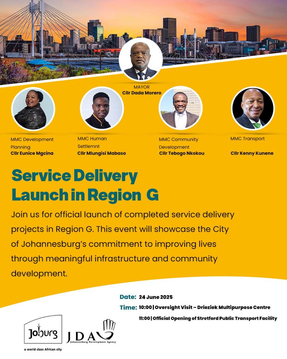 Service Delivery Lauch in Region G, Transport Department, together with JDA will be launching a public transport facility in Orange Farm
#TransportDepartment 
#JoburgReimagined 
#JoburgCares