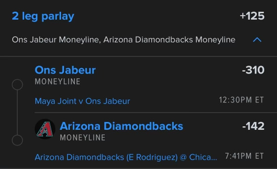 LeakyLockz's tweet photo. 6/23 PARLAY OF THE DAY  

$5 to someone who RTs and Follows if this hits  

Drop a ‘💸’ if you’re tailing  

2 leg parlay +125
Ons Jabeur ML -310 
Arizona Diamondbacks ML -142  

1u to win 1.25u https://t.co/QfZRjS9D1i