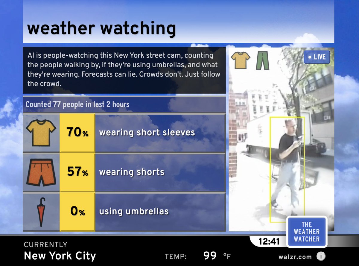 i hooked ai up to this new york sidewalk camera - it's always counting umbrellas, pants vs shorts, long vs short sleeves. it's people watching for weather