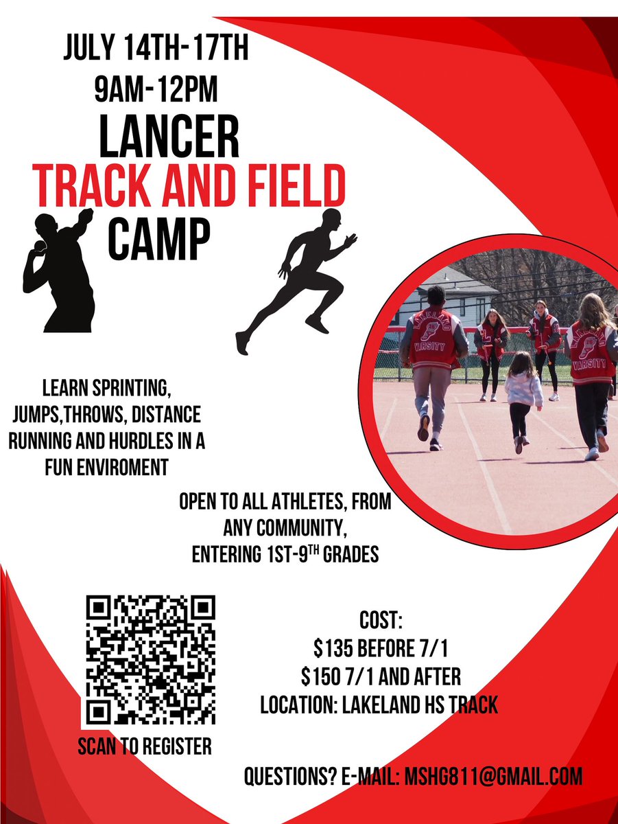 lancer_track's tweet photo. Very excited for our track camp this summer! Open to all athletes (all towns), grades 1-9. Last week for discounted pricing! Questions? contact Melissa Walker at mshg811@gmail.com https://t.co/AwHxSy8lJ9