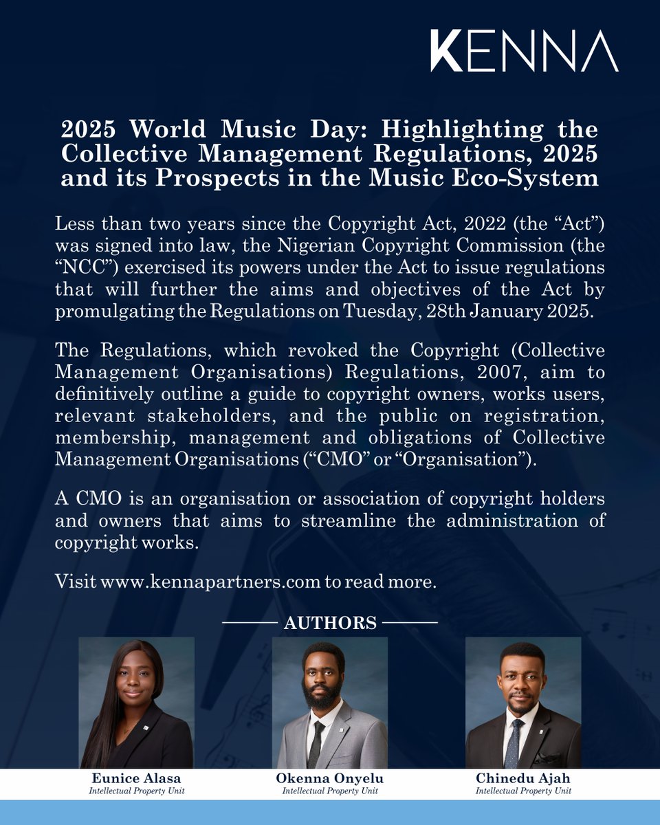 Kenna_LP's tweet image. In alignment with the objectives of the 2025 World IP Day, and in commemoration of World Music Day, celebrated annually on June 21st; our IP Team analyse the recent Collective Management Regulations, 2025 by the Nigerian Copyright Commission.
shorturl.at/2q2aU
#copyright