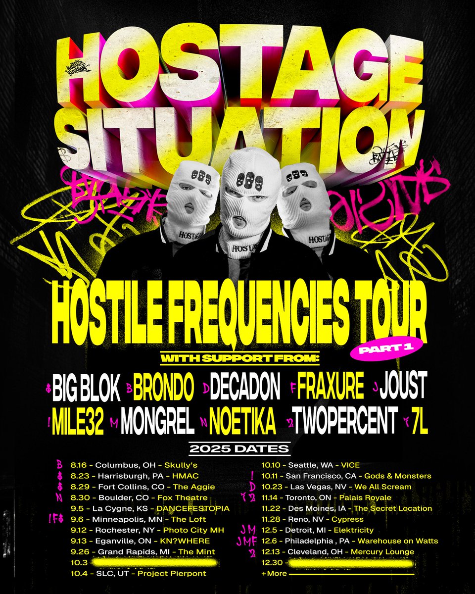 So surreal we are announcing this right now but,  introducing our first headline tour “Hostile Frequencies” 
.
And we bringing all the homies with us 🖤
.
Find out more about the tour and new dates being added:

laylo.com/hostagesituati…