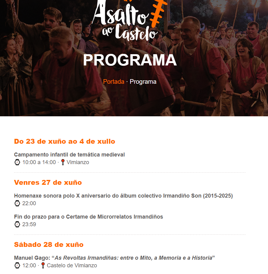 Se o corpo che pide facer o irmandiño, o Asalto ao Castelo de Vimianzo ofrece 1 experiencia integral. 😉 
Este ano, ademais, inclúe conferencia miña. Este sábado 28 de xuño ás 12 horas falo sobre 'As Revoltas irmandiñas: entre o mito, a Memoria e a Historia'. 
No propio castelo!