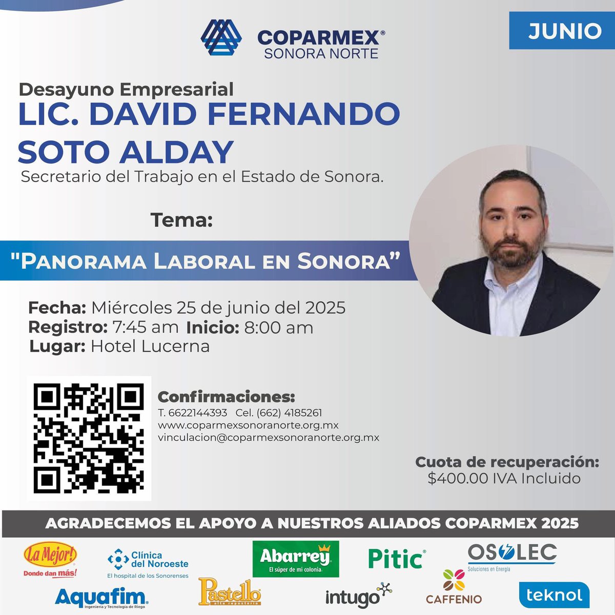 ¿Interesado/a en conocer el panorama laboral de Sonora? 
Te esperamos en el “Desayuno Empresarial” de <a href="/COPARMEXSON/">Coparmex Sonora Norte</a>, donde nuestro secretario del Trabajo, David Fernando Soto Alday, dará a conocer información relevante sobre este tema. 💼🔍 

1/2 ⤵️