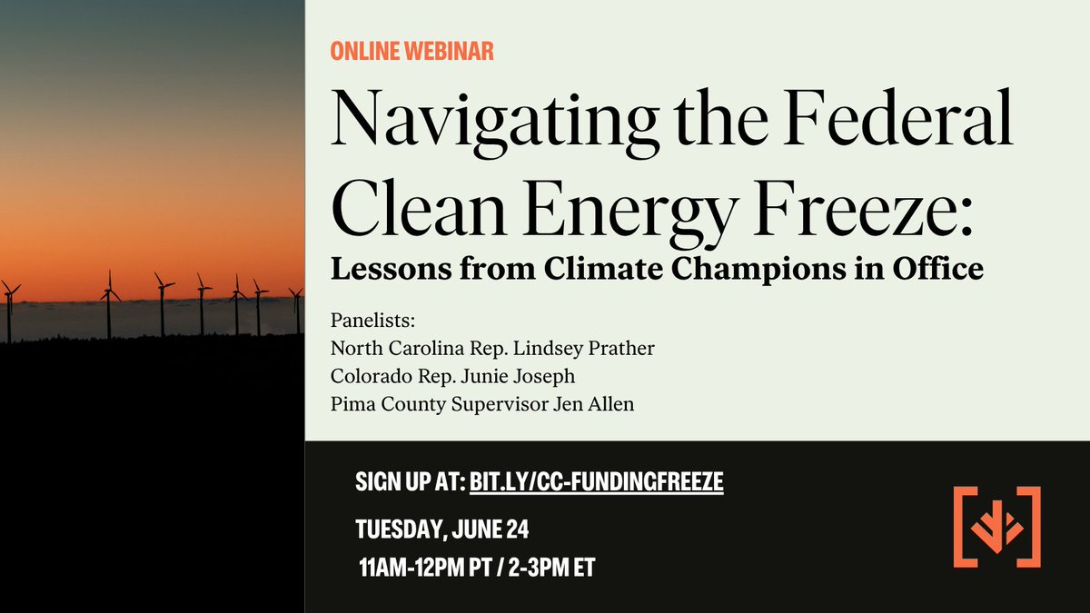State and local leaders are key to keeping climate progress alive.

Join us TOMORROW for a webinar on navigating the clean energy funding freeze, featuring NC Rep. Lindsey Prather, CO Rep. Junie Joseph, and Pima County Supervisor Jen Allen.

RSVP here: bit.ly/cc-fundingfree…