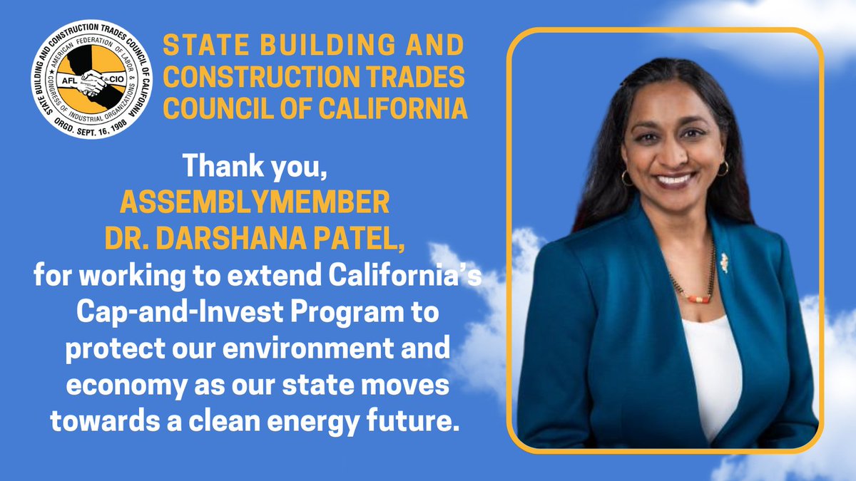 California Building Trades Council (@ca_bldg_trades) on Twitter photo Thank you, <a href="/AsmDarshana/">Dr. Darshana Patel</a>, for working to extend California's Cap-and-Invest Program to protect our environment and economy as our state moves towards a clean energy future. #caleg
<a href="/CAgovernor/">Governor Gavin Newsom</a> <a href="/GovPressOffice/">Governor Newsom Press Office</a> <a href="/TheIronworkers/">Iron Workers Union</a> <a href="/iuoe_union/">International Union of Operating Engineers</a> <a href="/CANV_OE/">CA-NV Conference of Operating Engineers</a> <a href="/TeamstersCA/">Teamsters California</a> <a href="/smartunionworks/">SMART Union</a> <a href="/IBEW/">IBEW</a> Thank you, <a href="/AsmDarshana/">Dr. Darshana Patel</a>, for working to extend California's Cap-and-Invest Program to protect our environment and economy as our state moves towards a clean energy future. #caleg
<a href="/CAgovernor/">Governor Gavin Newsom</a> <a href="/GovPressOffice/">Governor Newsom Press Office</a> <a href="/TheIronworkers/">Iron Workers Union</a> <a href="/iuoe_union/">International Union of Operating Engineers</a> <a href="/CANV_OE/">CA-NV Conference of Operating Engineers</a> <a href="/TeamstersCA/">Teamsters California</a> <a href="/smartunionworks/">SMART Union</a> <a href="/IBEW/">IBEW</a>