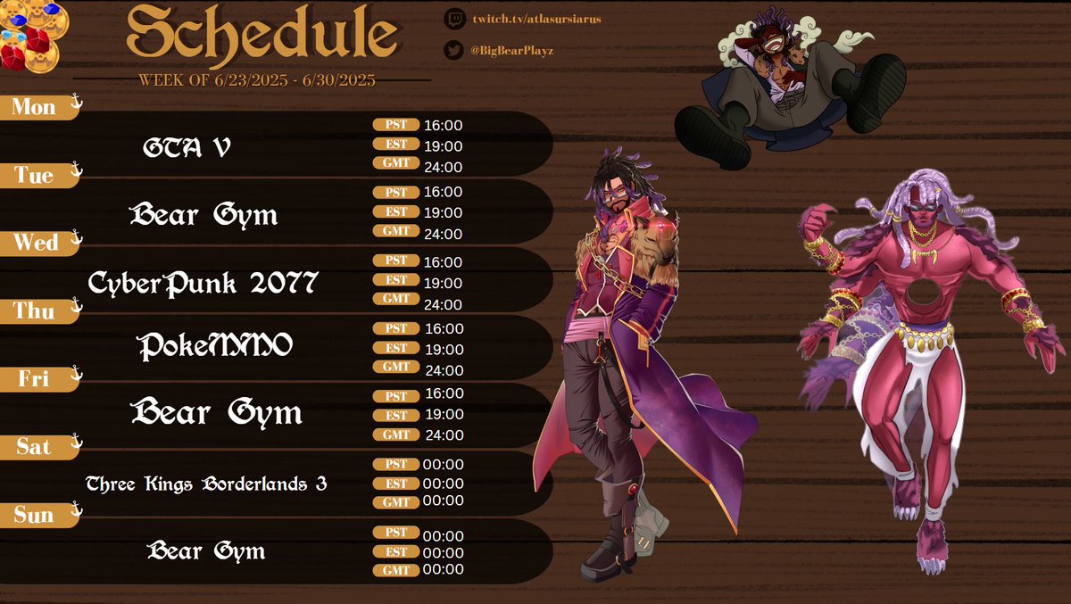 ⚓️ Captain Atlas D Ursiarus' Weekly Stream Schedule ⚓️
 
"Sailin’ into a week of celebration, starlight, and chaos upon the seas!"

⚓ Follow the voyage on Twitch, Insta, X, and BlueSky!
🎁 Celebrate with the crew – chaos, and lore await!

#BirthdayBoy #JoyBoy32 #CaptainAtlas