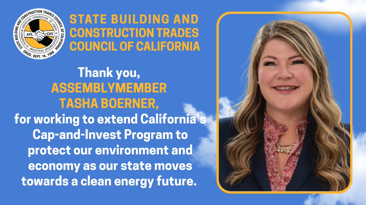 California Building Trades Council (@ca_bldg_trades) on Twitter photo Thank you, <a href="/asmtasha/">Assemblymember Tasha Boerner</a>, for working to extend California's Cap-and-Invest Program to protect our environment and economy as our state moves towards a clean energy future. #caleg
<a href="/CAgovernor/">Governor Gavin Newsom</a> <a href="/GovPressOffice/">Governor Newsom Press Office</a> <a href="/TheIronworkers/">Iron Workers Union</a> <a href="/iuoe_union/">International Union of Operating Engineers</a> <a href="/CANV_OE/">CA-NV Conference of Operating Engineers</a> <a href="/TeamstersCA/">Teamsters California</a> <a href="/smartunionworks/">SMART Union</a> <a href="/IBEW/">IBEW</a> Thank you, <a href="/asmtasha/">Assemblymember Tasha Boerner</a>, for working to extend California's Cap-and-Invest Program to protect our environment and economy as our state moves towards a clean energy future. #caleg
<a href="/CAgovernor/">Governor Gavin Newsom</a> <a href="/GovPressOffice/">Governor Newsom Press Office</a> <a href="/TheIronworkers/">Iron Workers Union</a> <a href="/iuoe_union/">International Union of Operating Engineers</a> <a href="/CANV_OE/">CA-NV Conference of Operating Engineers</a> <a href="/TeamstersCA/">Teamsters California</a> <a href="/smartunionworks/">SMART Union</a> <a href="/IBEW/">IBEW</a>