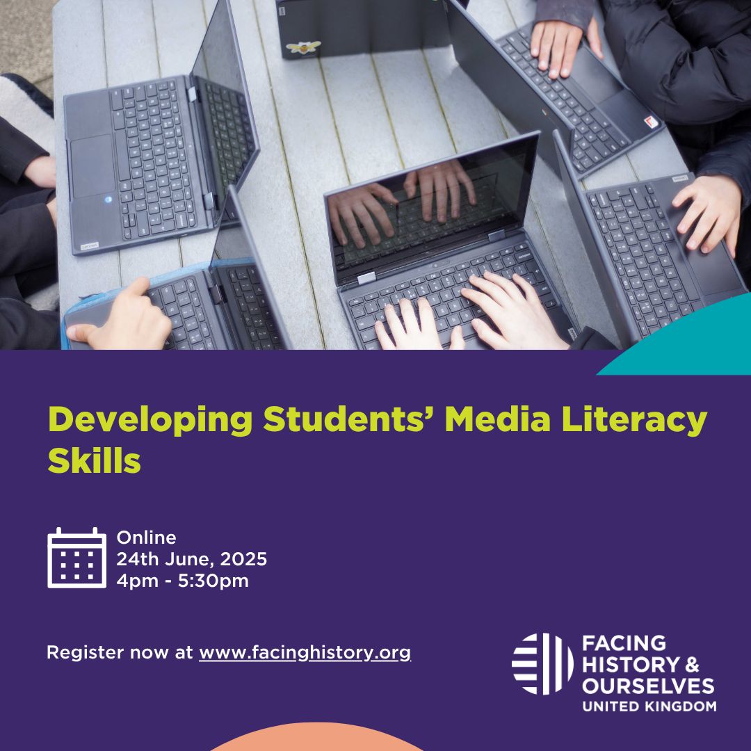 Facing History and Ourselves UK (@facinghistoryuk) on Twitter photo There's still time to register for our next CPD session on Developing Students' Media Literacy Skills tomorrow afternoon.
Targeted at SACRE members/teachers, we are also welcoming all secondary teachers who are new to teaching Media Literacy!
<a href="/RE_Hubs/">RE Hubs</a>
events.facinghistory.org/en/i0ZLtX6/dev… There's still time to register for our next CPD session on Developing Students' Media Literacy Skills tomorrow afternoon.
Targeted at SACRE members/teachers, we are also welcoming all secondary teachers who are new to teaching Media Literacy!
<a href="/RE_Hubs/">RE Hubs</a>
events.facinghistory.org/en/i0ZLtX6/dev…