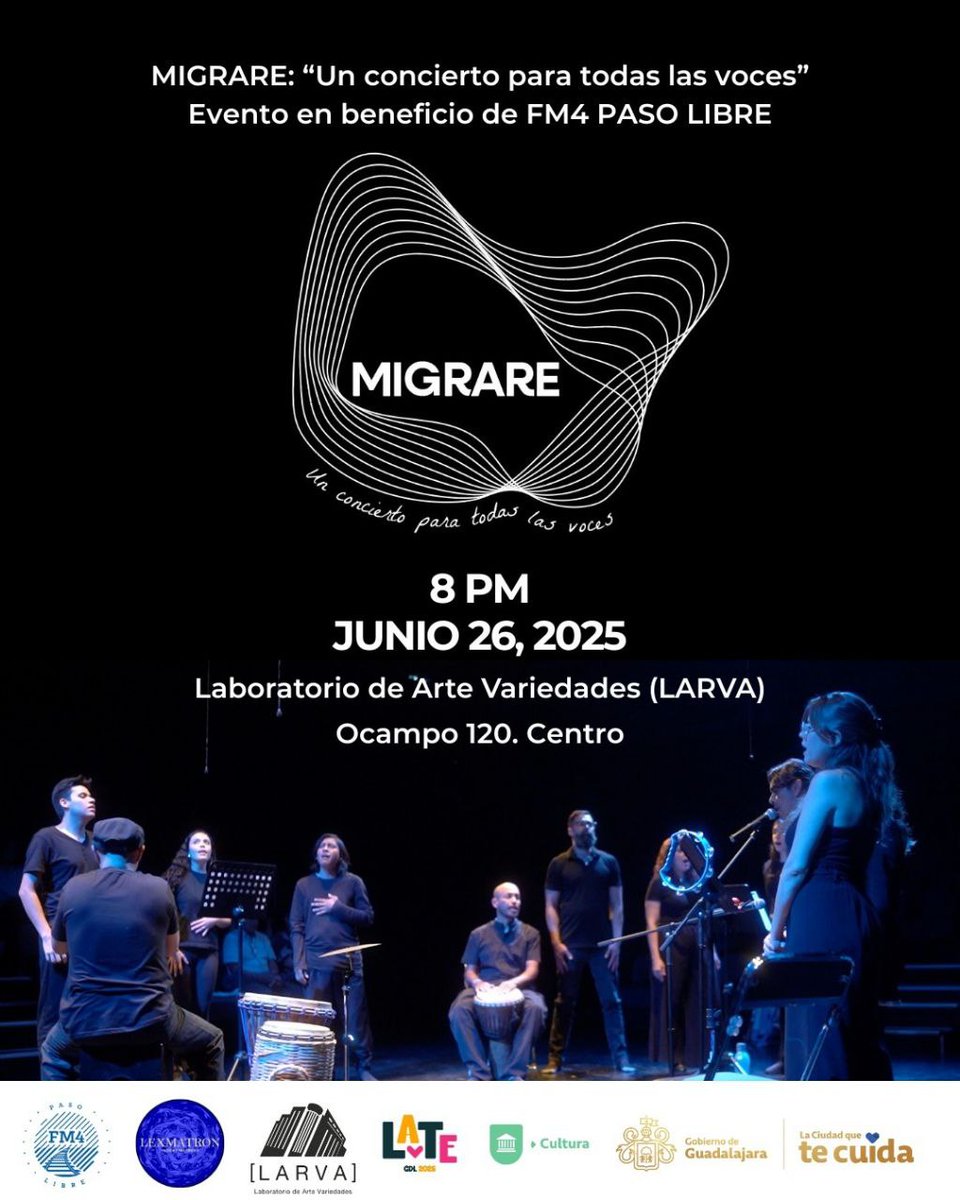 Asiste a la presentación de Proyecto Migrare: "un concierto para todas las voces", una experiencia artística que da voz a las historias de personas en movilidad.
 
 26 de junio
 Foro LARVA
 20 horas
 
Todo lo recaudado está destinado para el Centro de Atención a Personas