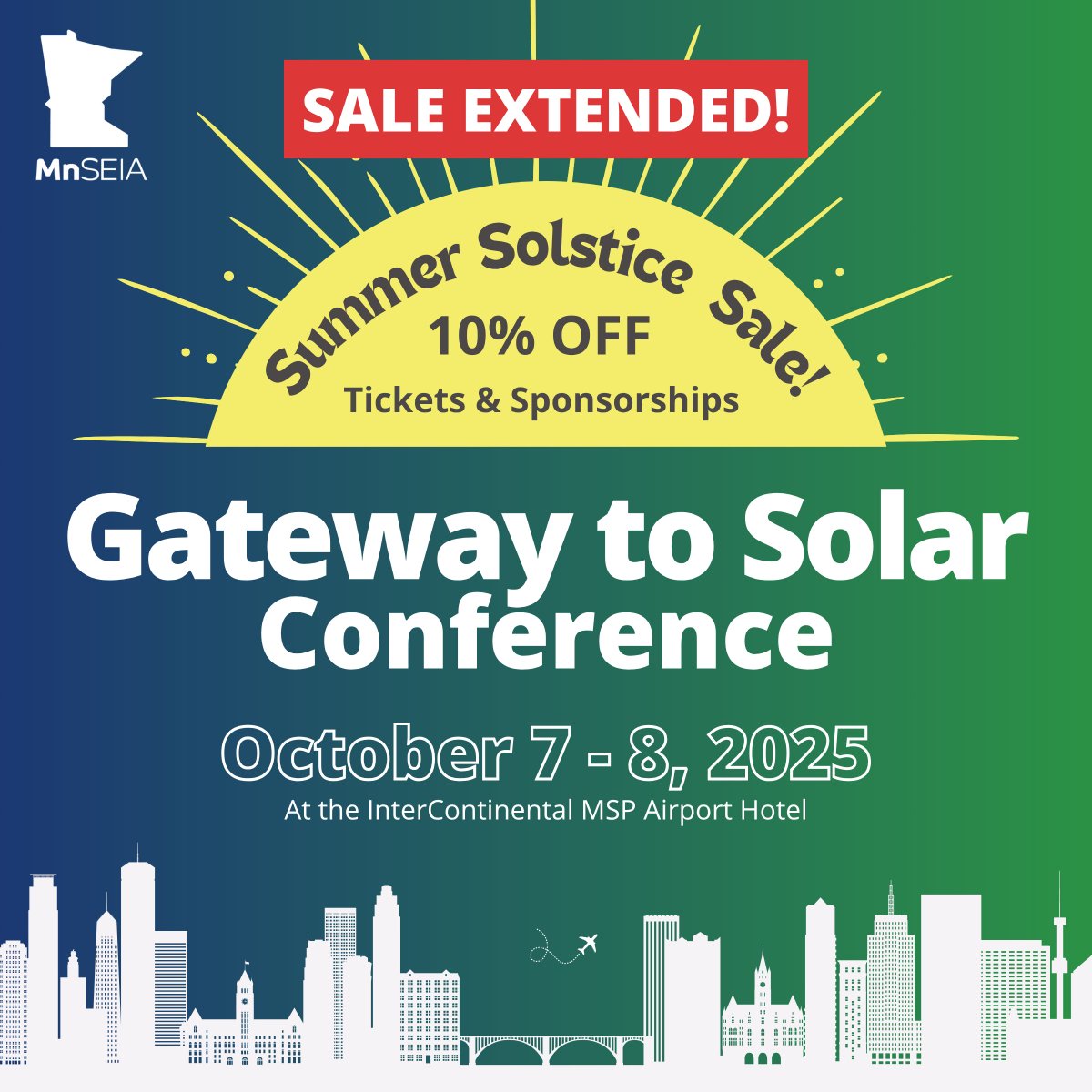MnSEIA’s Summer Solstice Sale is extended through June 27!

Save 10% on tickets and sponsorships for Gateway to Solar, one of the Midwest’s top solar + storage conferences, supporting our year-round policy work.

🎟️ Register now: bit.ly/GatewaytoSolar…
