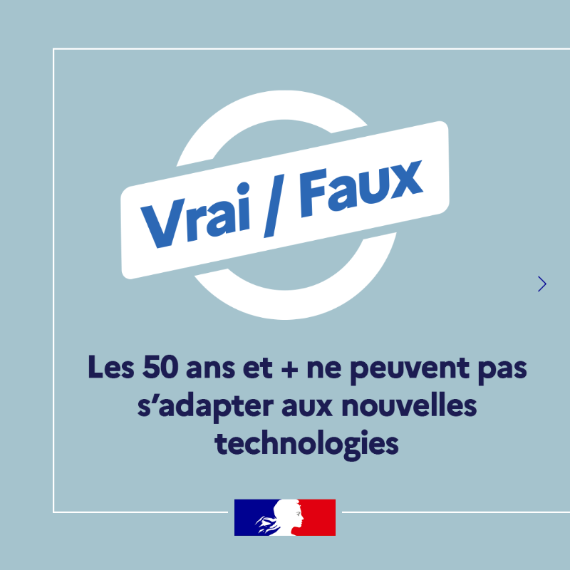 Travail_Gouv's tweet photo. #Emploi50Plus | Les 50 ans et plus ne peuvent pas sâadapter aux nouvelles technologies.
đ” Faux : Les outils numĂ©riques font dĂ©sormais partie intĂ©grante de lâenvironnement professionnel et personnel de tous les actifs, quel que soit leur Ăąge —ïž