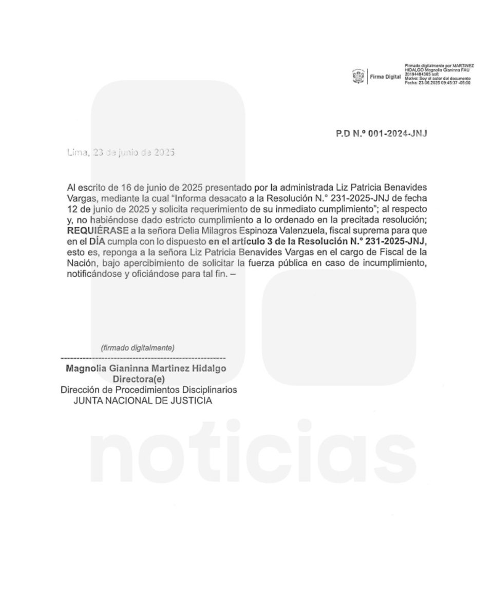 Latina_Noticias's tweet image. 🔴 #URGENTE Junta Nacional de Justicia emplaza a la fiscal de la Nación, Delia Espinoza, a reponer en el cargo a Patricia Benavides. Le dan un día de plazo.

📌 Más información: latinanoticias.pe