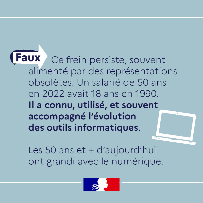 Travail_Gouv's tweet photo. #Emploi50Plus | Les 50 ans et plus ne peuvent pas sâadapter aux nouvelles technologies.
đ” Faux : Les outils numĂ©riques font dĂ©sormais partie intĂ©grante de lâenvironnement professionnel et personnel de tous les actifs, quel que soit leur Ăąge —ïž