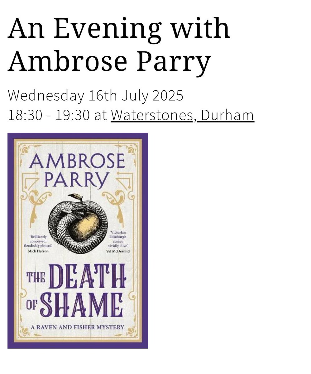 Waterstones Newcastle (@waterstonesncl) on Twitter photo Our pals at <a href="/wstonesdurham/">Waterstones Durham</a> have an enviable evening event in July with the terrific writing duo that we know as Ambrose Parry.
Excellent historical fiction with bite.
Tickets here -->
waterstones.com/events/an-even… Our pals at <a href="/wstonesdurham/">Waterstones Durham</a> have an enviable evening event in July with the terrific writing duo that we know as Ambrose Parry.
Excellent historical fiction with bite.
Tickets here -->
waterstones.com/events/an-even…
