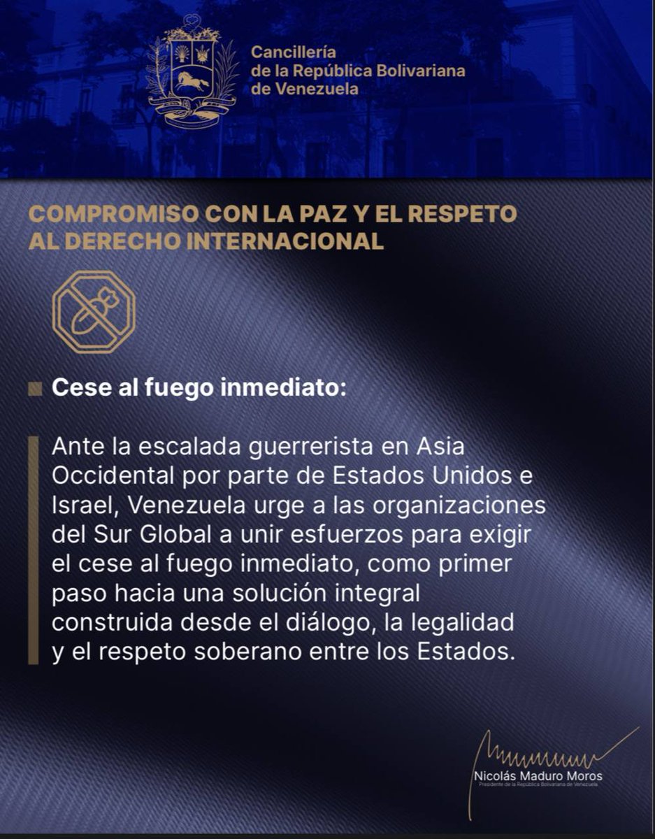 Carta del Presidente Nicolás Maduro <a href="/NicolasMaduro/">Nicolás Maduro</a> por La Paz.

1️⃣ Venezuela alza su voz por la paz. Ante la escalada de violencia en Asia Occidental, hacemos un llamado urgente al cese al fuego y al respeto al derecho internacional.

ABRO HILO.. 👇 🧵