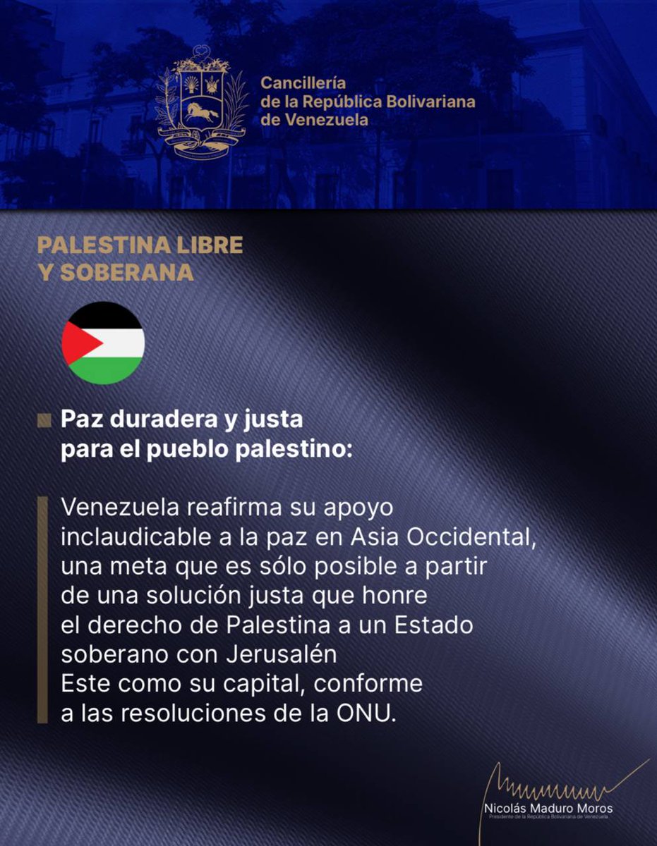 2️⃣ Venezuela reitera su respaldo al pueblo palestino: una paz duradera sólo será posible cuando se respete su derecho a un Estado libre, soberano y con Jerusalén Este como capital.

¡Palestina vivirá y vencerá!