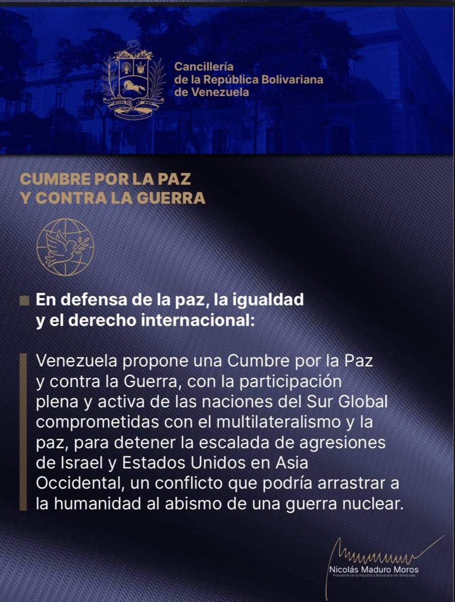 3️⃣ Venezuela propone una Cumbre por la Paz y contra la Guerra, convocando al Sur Global a detener la violencia en Asia Occidental.

¡Es hora de alzar la voz por la humanidad y rechazar la guerra nuclear!