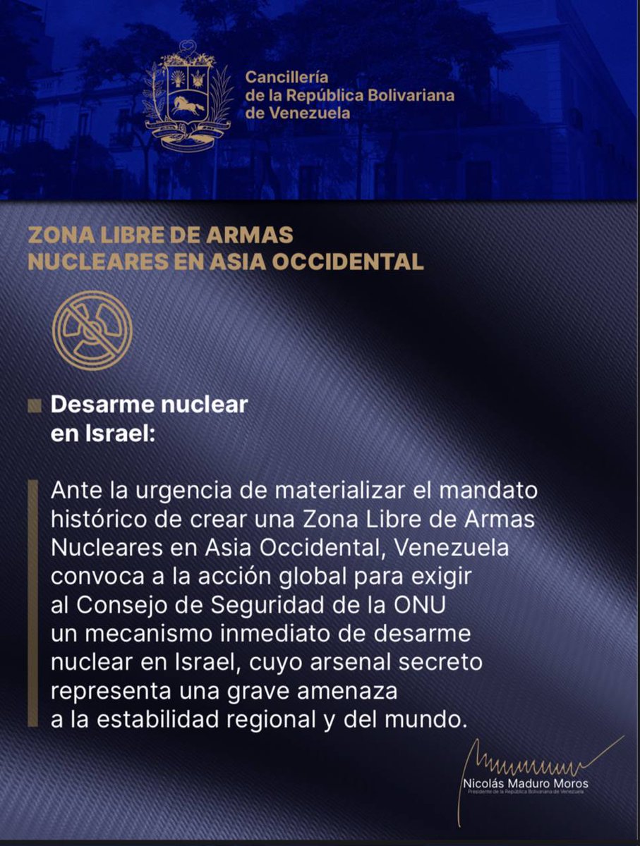 4️⃣ Venezuela exige desarme nuclear en Israel. Es hora de crear una zona libre de armas nucleares en Asia Occidental. El mundo no puede seguir ignorando esta amenaza silenciosa.