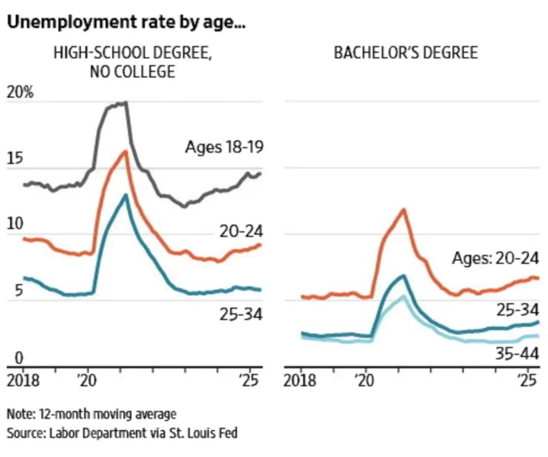 虽然美国劳动力市场依然稳健，但无论是否拥有高等学历，处于哪一个年龄段，失业率都在明显上升…这种趋势可能会随着AI 的普及而进一步加剧
