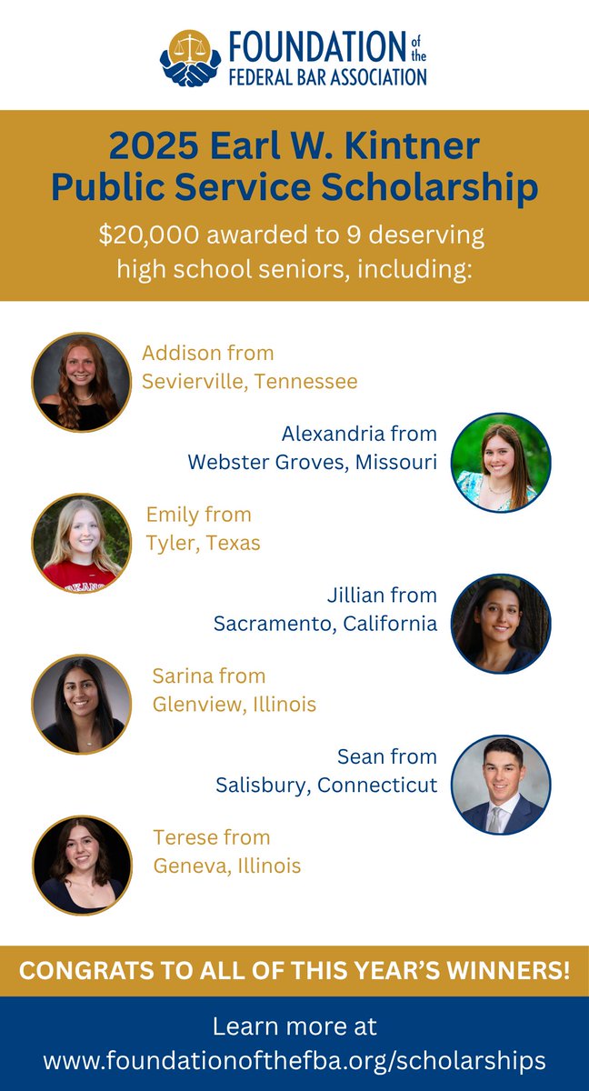 Wishing a big congratulations to all the winners of this year's Earl W. Kintner Public Service Scholarship! The Foundation awarded $20,000 among 9 high school seniors whose parent(s) are federal legal practitioners. We're proud to contribute to furthering their education!