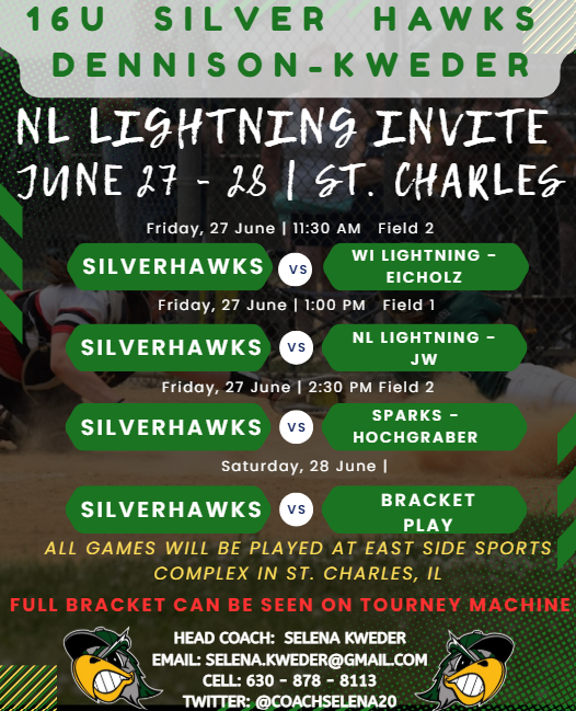 Selena (@coachselena20) on Twitter photo Catch us at the New Lenox Lightning Invitational in St. Charles this week.
After the heat this past weekend, we are happy to be close to home! <a href="/SilverHawkSball/">Silver Hawks</a> <a href="/MoffettMarissa/">Marissa Moffett</a> <a href="/AnnaNSanders/">Anna Sanders</a> <a href="/curtcarby/">Curt Carby</a> Catch us at the New Lenox Lightning Invitational in St. Charles this week.
After the heat this past weekend, we are happy to be close to home! <a href="/SilverHawkSball/">Silver Hawks</a> <a href="/MoffettMarissa/">Marissa Moffett</a> <a href="/AnnaNSanders/">Anna Sanders</a> <a href="/curtcarby/">Curt Carby</a>