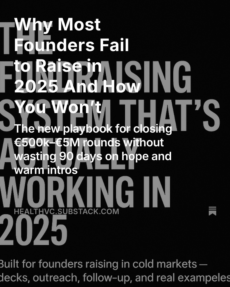 Founders raising in 2025? You need a new system.
I wrote the full cheat sheet:
– Investor funnel that converts
– Cold emails that get replies
– Decks that close
– Follow-up that triggers FOMO
One founder closed €1.2M in 19 days. No warm intros. Just execution.
🔓 Read Now On