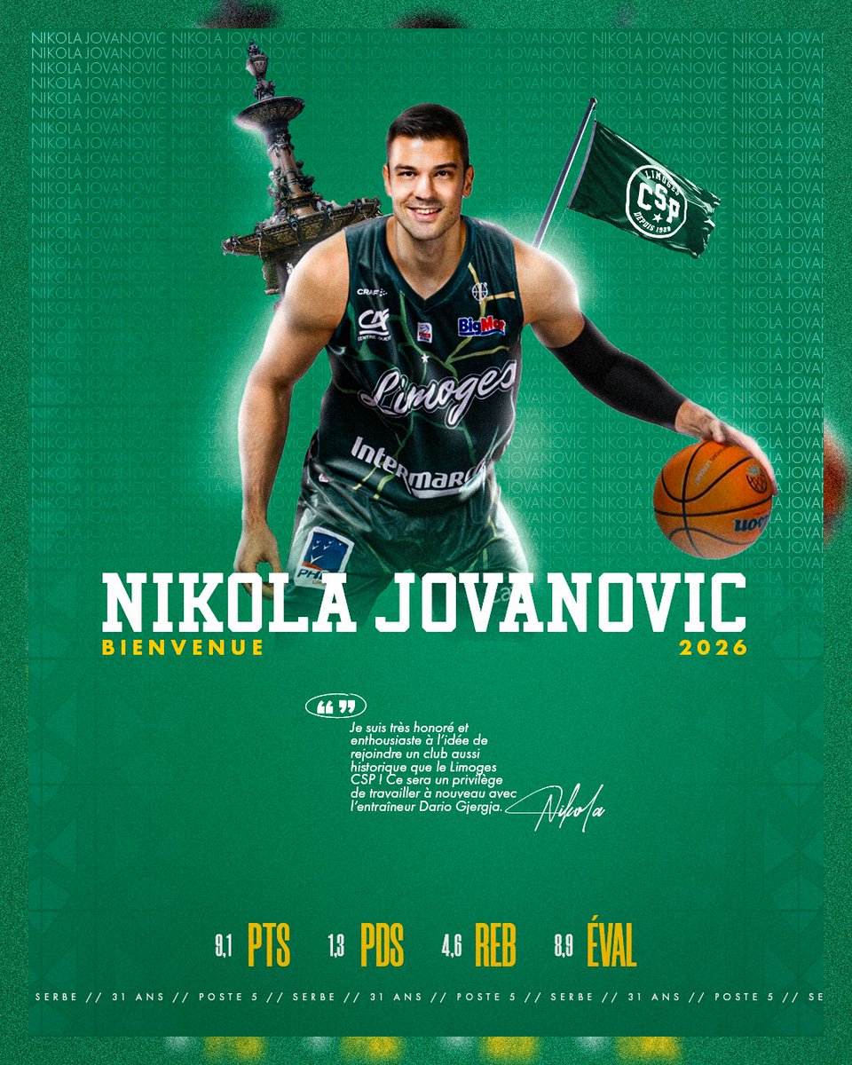 limogescsp's tweet image. Le Limoges CSP est heureux d’annoncer l’arrivée de Nikola Jovanović, première recrue de ce mercato. L’intérieur Serbe (211cm) s’est engagé pour une saison.

L'article 👉 limogescsp.com/actualites-det…