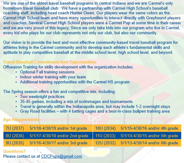 Tryouts for the 2025-2026 Carmel travel baseball teams are in July! Join an incredible group of boys, where friendships and top level competition come together! Register now at carmeldadsclub.org