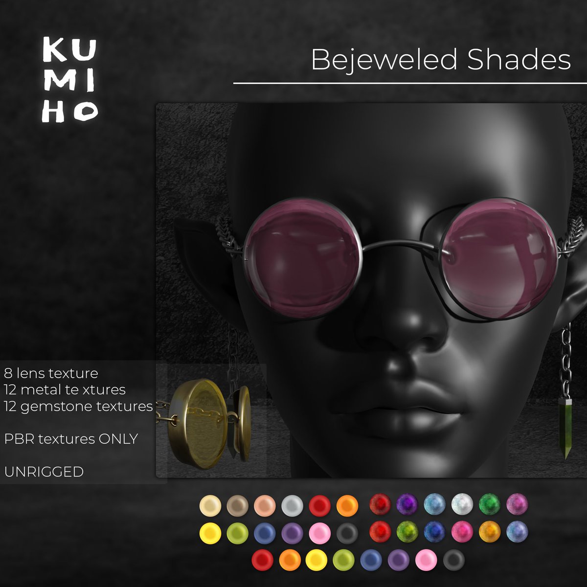 PinqFreese's tweet photo. KUMIHO Bejeweled Shades
Available exclusively at Cosmopolitan Event, June 23–July 5!

• Unrigged, copy/mod
• 8 lens, 12 metal, 12 gem colors (PBR only)

Glam meets edge—don’t miss out!
Open June 23 - July 5
LM: https://t.co/h71nwoeuMk
#SecondLife #KUMIHOSL #CosmopolitanEvent https://t.co/Lty3oS9McZ