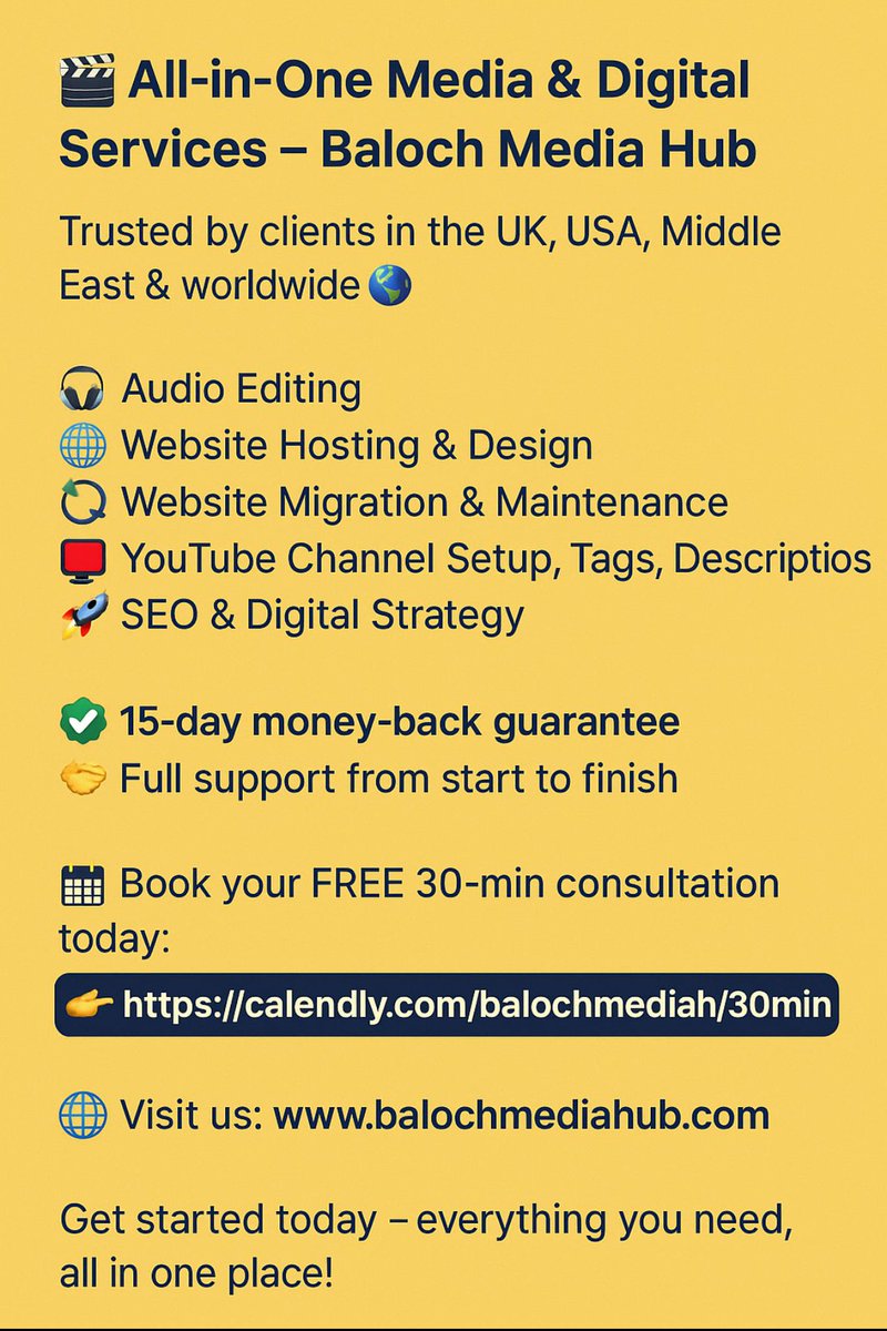 Get started today — all-in-one  Digital  Media services!

Audio Editing | 💻 Web Design | 📈 SEO &amp; more
Trusted worldwide
Free 30-min consult: 
calendly.com/balochmediah/3…

🌐 balochmediahub.com

#BalochMediaHub #DigitalMarketing #WebDesign #SEO #OnlineBusiness #FreeConsultation