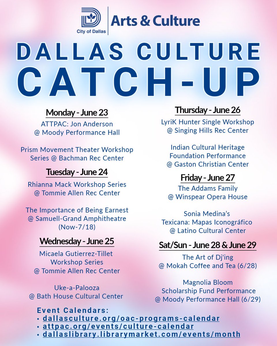 🎭✨Get ready—here’s what’s happening in Dallas!✨🎶

💃 Micaela Gutierrez-Tillet Workshop 📍 Tommie Allen Rec
🎸 Uke-a-Palooza 📍 Bath House Cultural Center
🎧 The Art of DJ’ing 📍 Mokah Coffee &amp; Tea

More: dallasculture.org/oac-programs-c…
#DallasCulture