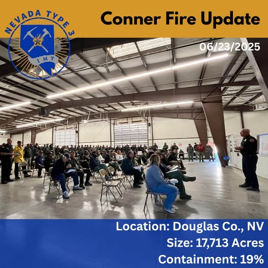 NVEmergencyMgmt's tweet photo. #ConnerFire Update
🔥 17,713 acres - 19% containment
📍 Gardnerville, NV
Crews have made progress, with most containment on the southwest side near Carter Springs. Dozer lines are holding the north perimeter, but dense fuels near Rice Peak and rollout hazards near Lone Pine Canyon remain a challenge. Aerial resources dropped 42,000 gallons yesterday to support suppression efforts.
🚫 TFR remains in place — No drones or unauthorized aircraft! If you fly, we can’t.
🌡️ Mild temps in the 70s today may help crews strengthen containment lines.
✅ All evacuations have been lifted.
📍 Evacuation info: https://t.co/h3kh79OJRa
🔥 Fire updates: InciWeb
📡 Resources: https://t.co/PJGuRbkI5J