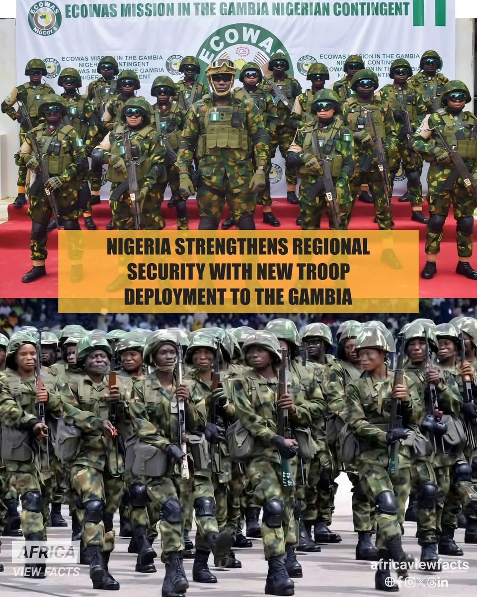 Nigeria 🇳🇬 has sent 197 troops to The Gambia 🇬🇲 as part of a peacekeeping mission under ECOMIG.

The operation aims to support peace and stability in the region.

Nigerian forces were first deployed to The Gambia in 2017 to help resolve a crisis after the disputed 2016 election.