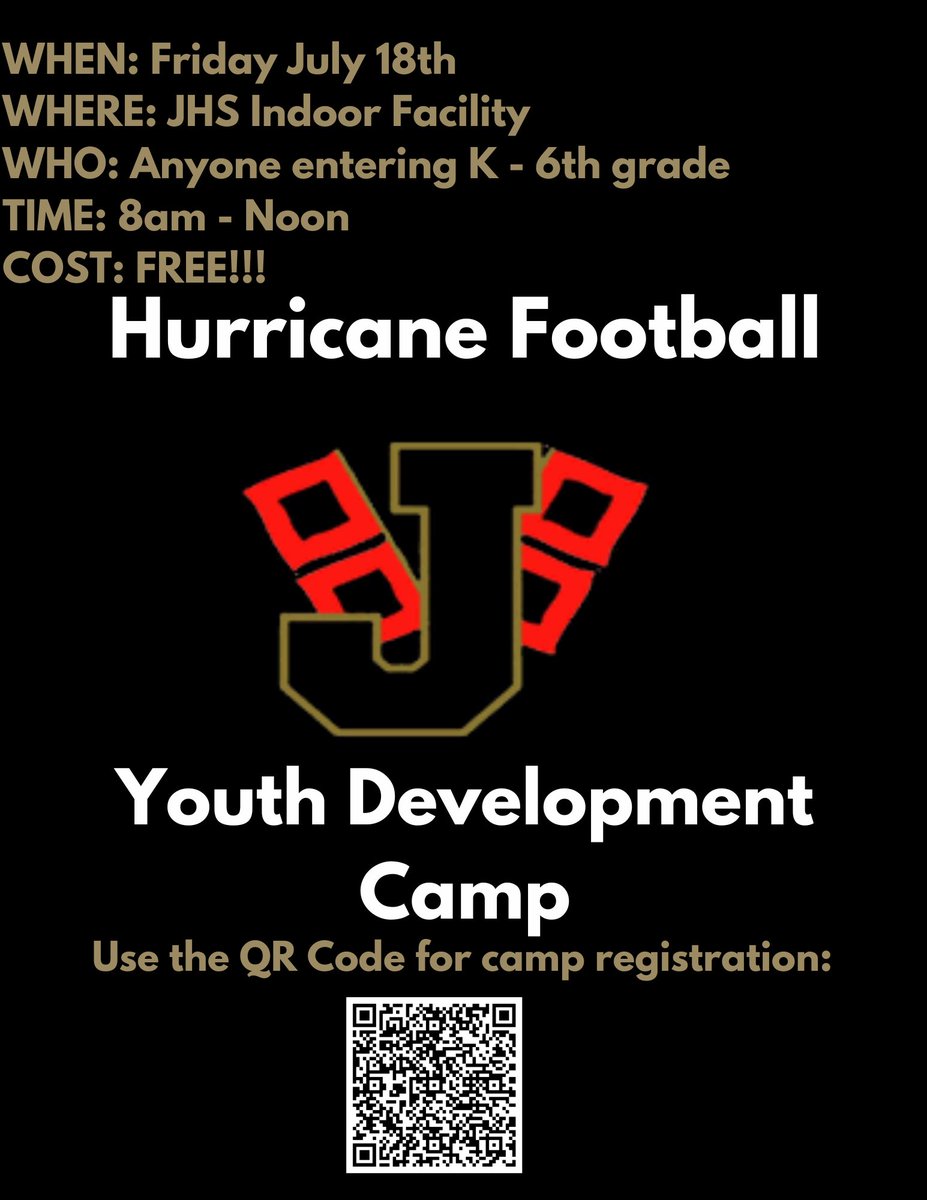 Golden Gang Football (@jhshurricanefb) on Twitter photo It’s time for our annual FREE Youth Development Camp! Use the QR code to register. Any questions please contact Coach George at tyler.george@jonesboroschools.net It’s time for our annual FREE Youth Development Camp! Use the QR code to register. Any questions please contact Coach George at tyler.george@jonesboroschools.net