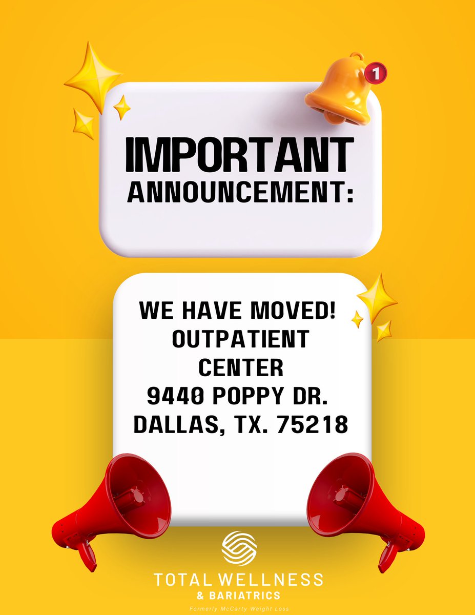 TotalBariatrics's tweet photo. We have moved! Please see our new location below! We are very excited to be inside of the wonderful White Rock Medical Center hospital!

Outpatient Center
9440 Poppy Dr.
Dallas, Tx. 75218 https://t.co/FbC7dSn7aQ