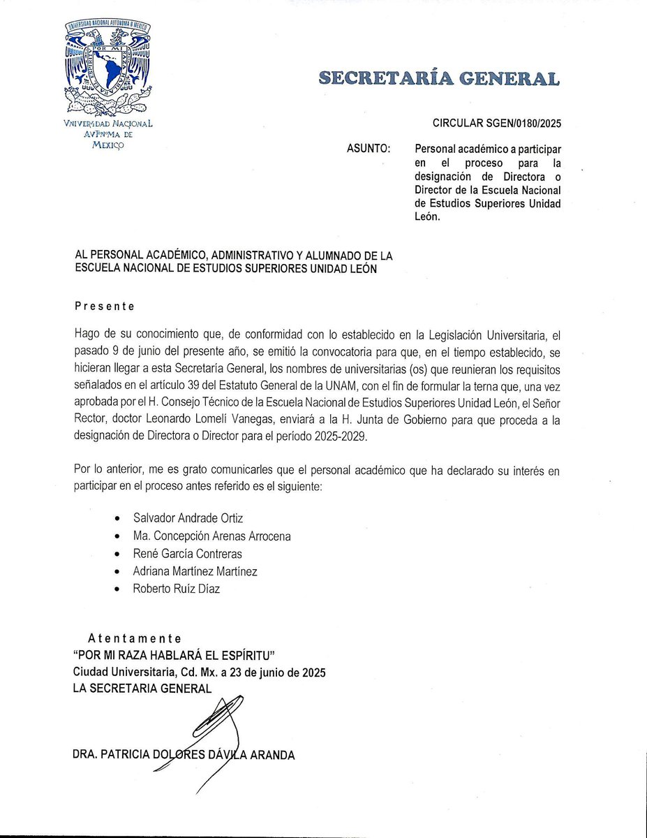 A la comunidad ENES León🦁Les compartimos el oficio enviado por la Dra. Patricia Dávila, en el que se informa sobre las personas que, tras ser propuestas por la comunidad y cumplir con los requisitos, han decidido continuar el proceso de designación de la Dirección.
