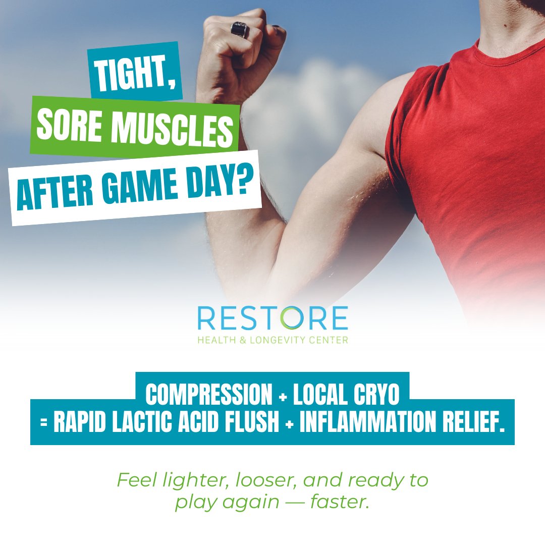 restorehlc's tweet image. Sore from the game? Try compression + local cryo to flush lactic acid and cool pain fast. Perfect for tennis, golf, and spring sports. #PostGameRecovery #RestoreHLC