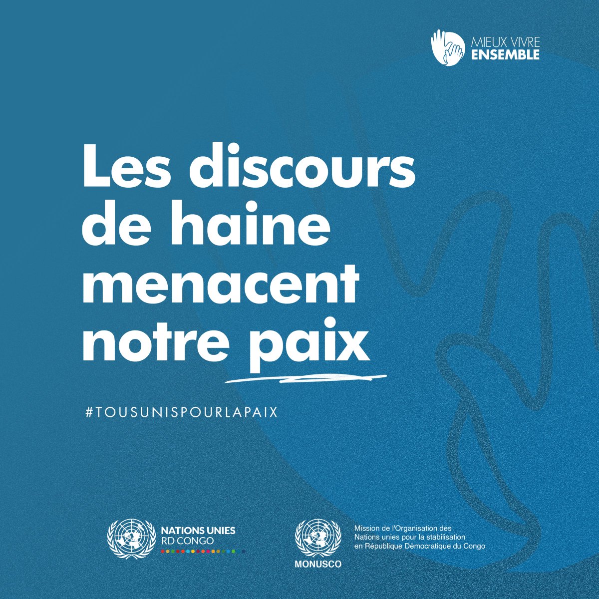 🎯𝗖𝗮𝗺𝗽𝗮𝗴𝗻𝗲 « 𝗠𝗶𝗲𝘂𝘅 𝗩𝗶𝘃𝗿𝗲 𝗘𝗻𝘀𝗲𝗺𝗯𝗹𝗲 »
🤝La #paix commence par nous.
👉Dites non à la haine, pour une #RDC unie et forte. 

#MieuxVivreEnsemble #CohésionSociale
#StopDiscoursDeHaine #Bomoko
#TousUnisPourLaPaix