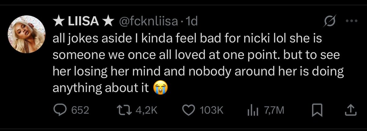 OnikaDangerous's tweet image. 103k likes but only 600 comments. 

Stop interacting with these people they tryna set Nicki up and run with the narrative that she’s crazy and on coke. 

#BeSmart.
