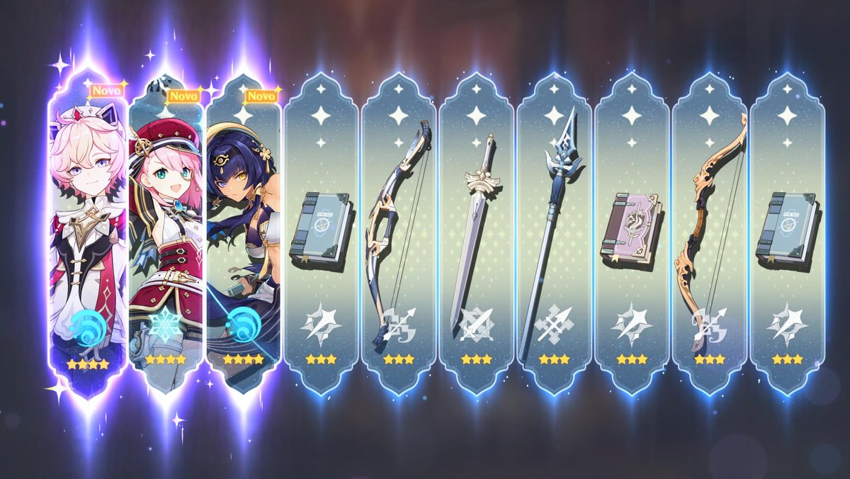 A sequência de 10 orações do patch atual de Genshin rendeu! Mas ainda não consegui a Skirk, terei de farmar mais gemas.

Comecei a jogar com mais frequência tem algumas semanas. Então ainda terei muitos personagens pra conseguir aos poucos.