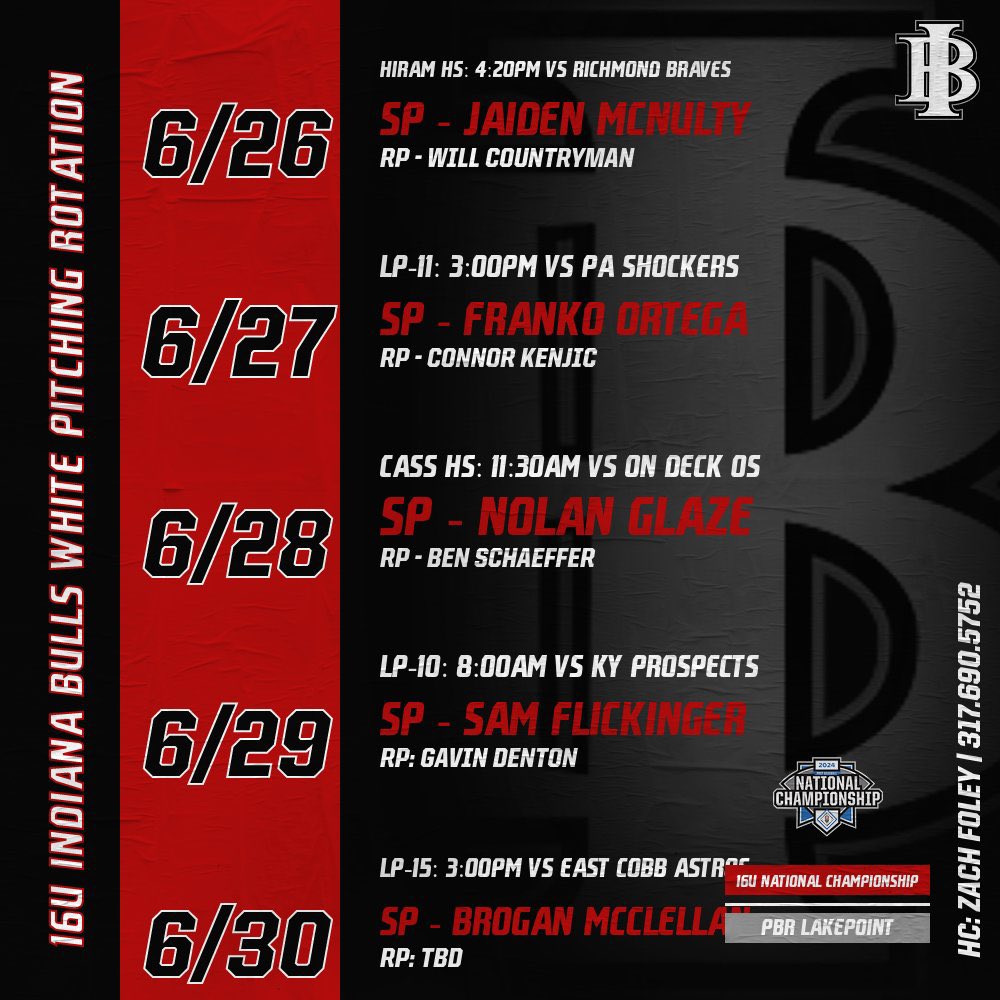 Indiana Bulls 2027 (@in_bulls2027) on Twitter photo Schedule/Pitching rotation for 16u Bulls White in ATL for PBR National Championship @ Lakepoint.
G1- <a href="/jaiden_mcnulty2/">Jaiden Mcnulty</a> |<a href="/W_Countryman_27/">Will Countryman</a>
G2- <a href="/Franko_Ortega27/">Franko Ortega</a> | <a href="/ckenjic11/">Connor Kenjic</a>
G3- <a href="/NolanGlaze/">Nolan</a> | <a href="/Ben_Schaeffer7/">Benjamin</a>
G4- <a href="/samflickinger13/">Sam Flickinger</a> | <a href="/GavinBSBL19/">Gavin Denton</a>
G5- <a href="/BroganMcClelll1/">Brogan McClellan</a> | TBD Schedule/Pitching rotation for 16u Bulls White in ATL for PBR National Championship @ Lakepoint.
G1- <a href="/jaiden_mcnulty2/">Jaiden Mcnulty</a> |<a href="/W_Countryman_27/">Will Countryman</a>
G2- <a href="/Franko_Ortega27/">Franko Ortega</a> | <a href="/ckenjic11/">Connor Kenjic</a>
G3- <a href="/NolanGlaze/">Nolan</a> | <a href="/Ben_Schaeffer7/">Benjamin</a>
G4- <a href="/samflickinger13/">Sam Flickinger</a> | <a href="/GavinBSBL19/">Gavin Denton</a>
G5- <a href="/BroganMcClelll1/">Brogan McClellan</a> | TBD