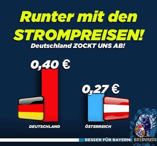 ⚠️
Deutschland hat die HÖCHSTEN #STROMPREISE in Europa!
❌
Die Bürger werden vom Staat geschröpft und ausgenommen.
✅
Wir sagen: 
Runter mit den STROMPREISEN!
🔷
#BesserFürBayern #Bayernpartei