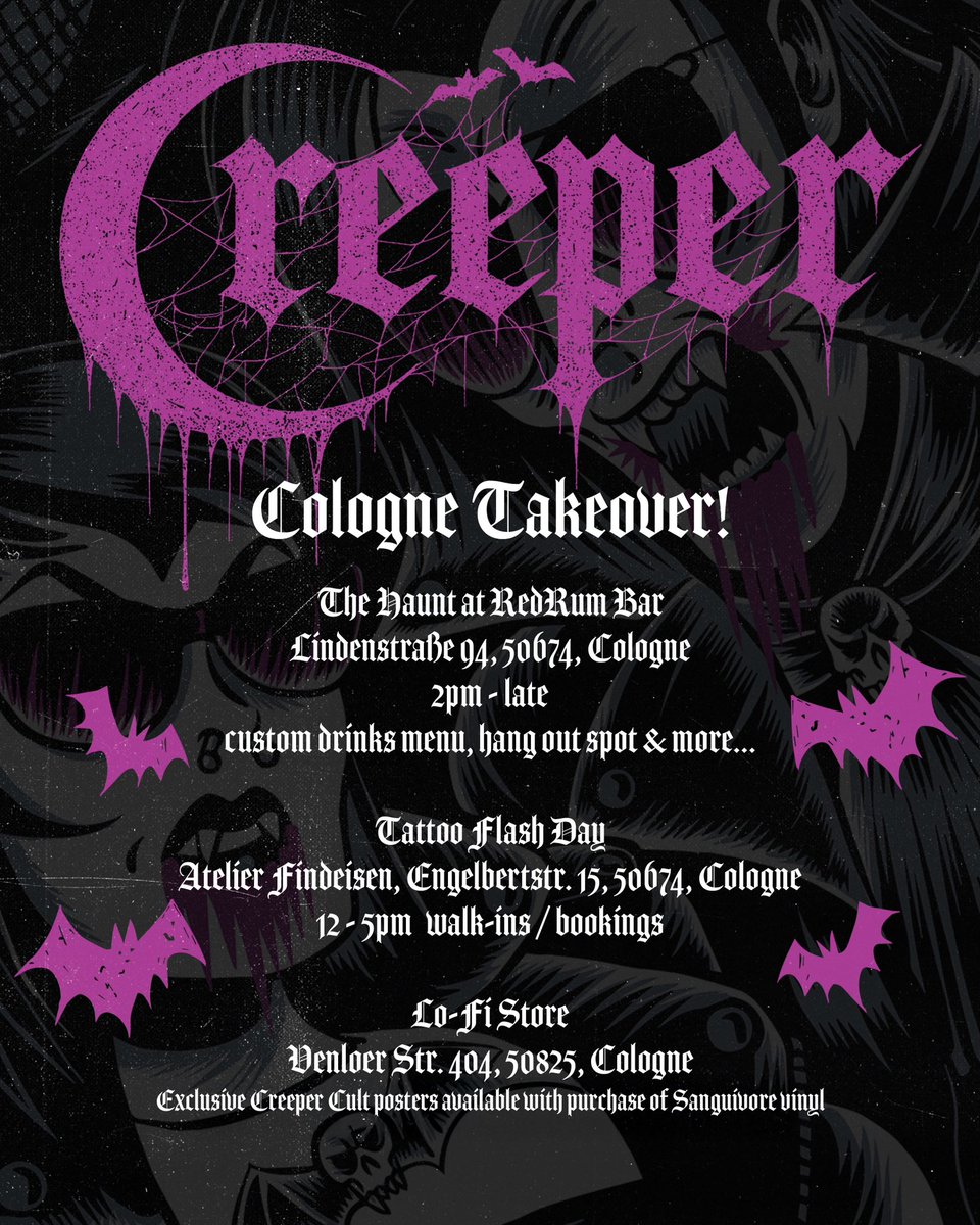 creepercultuk's tweet photo. Creeper will be bringing The Cult with them to Cologne this Wednesday 25th June.

To commemorate their sold out show at MTC they’ve partnered up with the following local establishments to host a variety of spectacles for you to involve yourself in before the show. https://t.co/uF0Cru7OFn