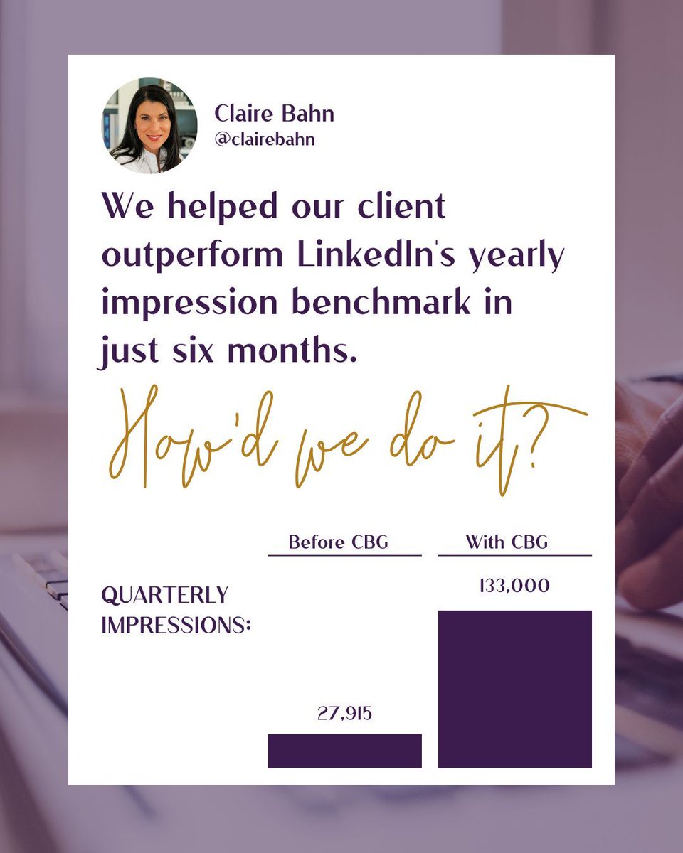Want real impact? One client hit 133K+ LinkedIn impressions in 6 months, smashing yearly benchmarks! How? Claire Bahn Group's targeted strategy. We amplified his thought leadership &amp; presence across all platforms. Ready for results? Let's chat: clairebahn.com/strategy-call/