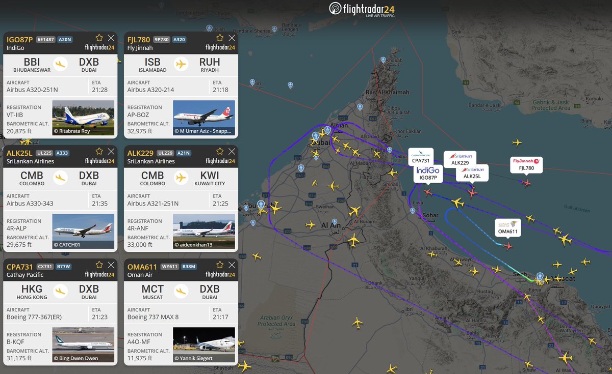 flightradar24's tweet photo. Lots of aircraft are forced to turned around because of the closure of UAE airspace. https://t.co/I2zMYPOvse